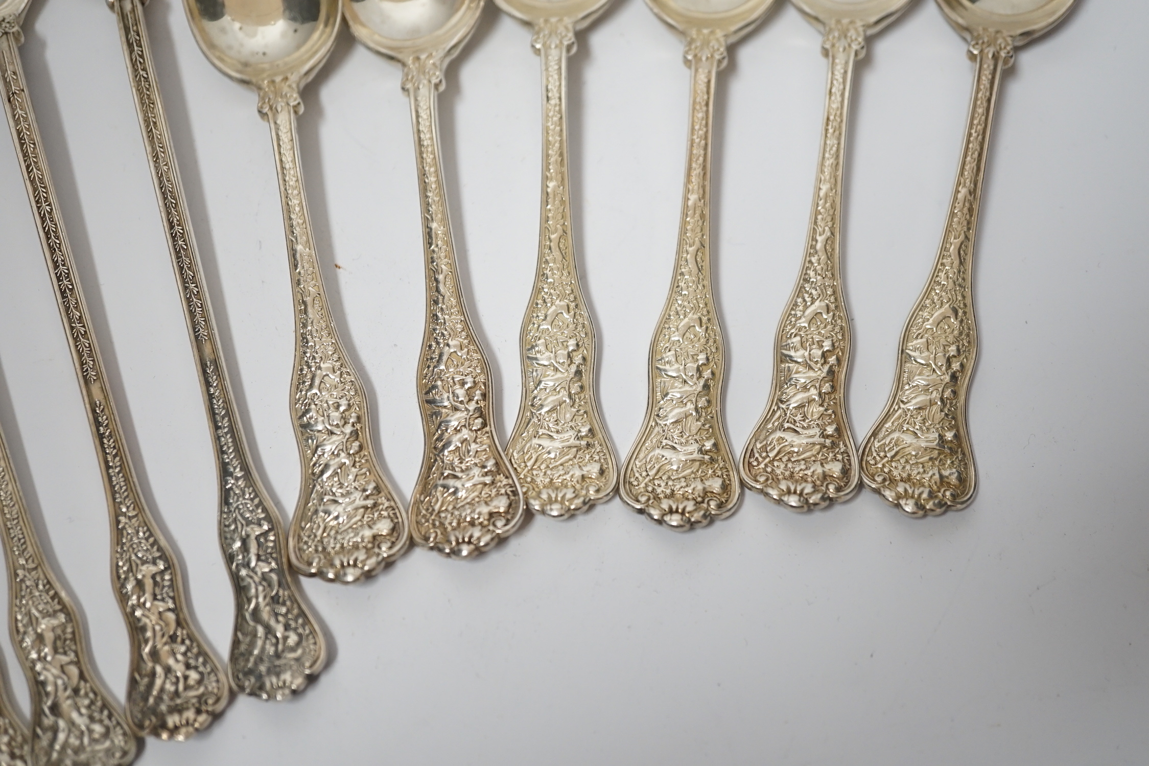 A set of six late 19th/early 20th century Tiffany & Co sterling teaspoons and five similar ice cream spoons, latter 18.7cm, 15.8oz.